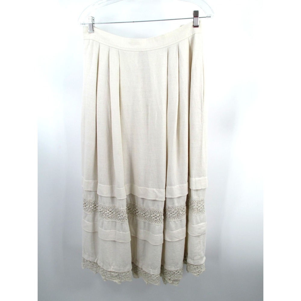 Vintage M&G Maxi Linen Blend Pleated Skirt Women 14 Ivory Crochet Trim Austria